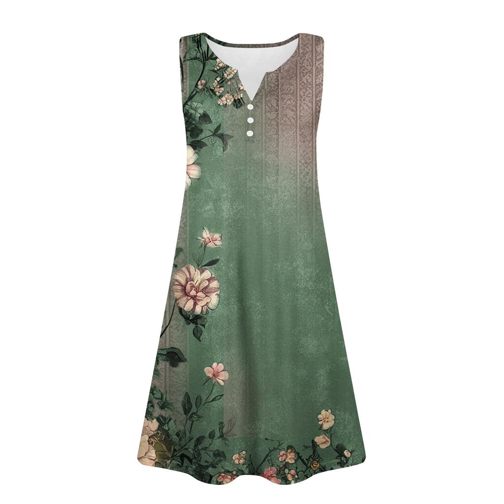 Dámské ležérní vintage květinové šaty bez rukávů s výstřihem do V, knoflíky a bočními kapsami