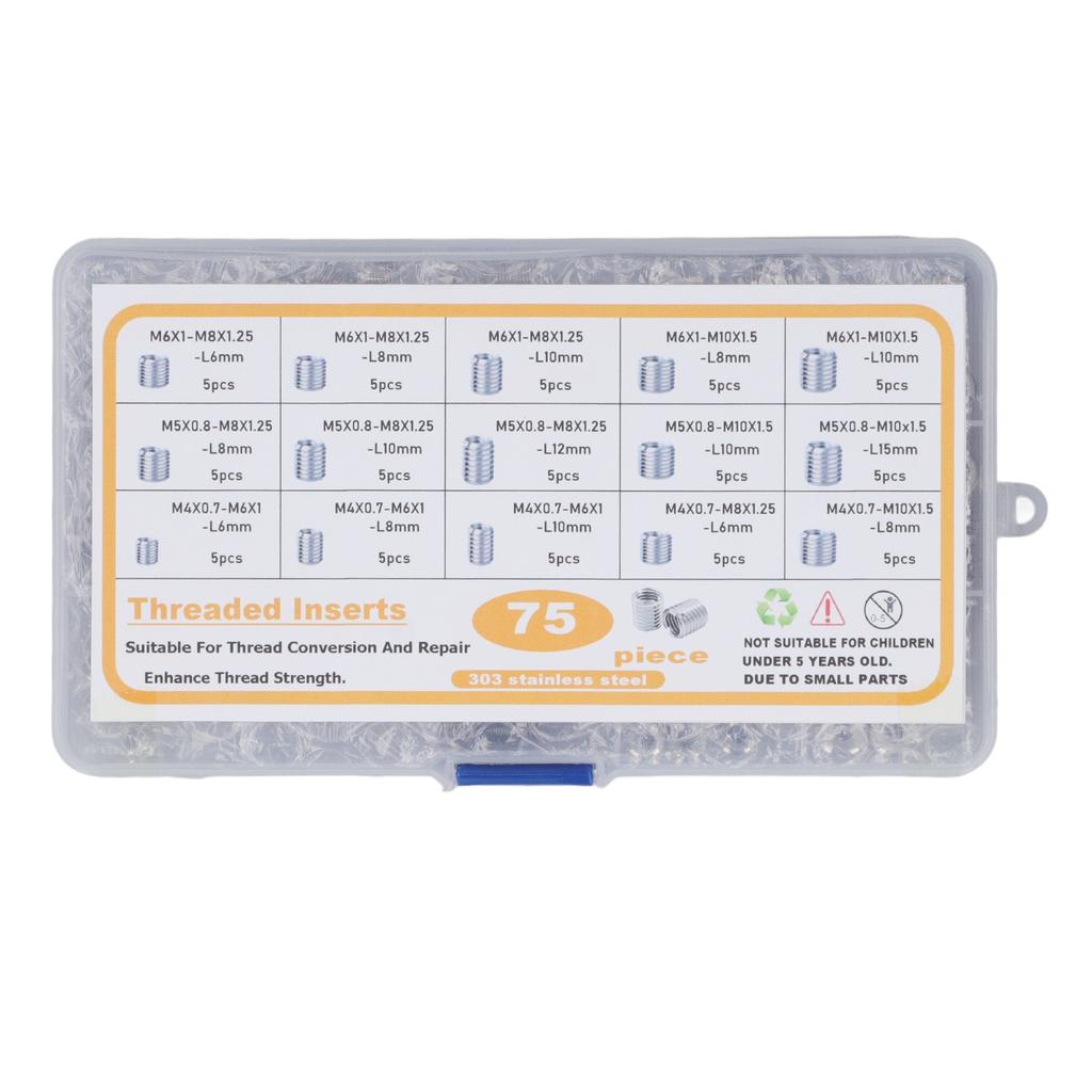 75Pcs Stainless Steel Threaded Inserts Nuts Assortment Tool Kit for Thread Repair