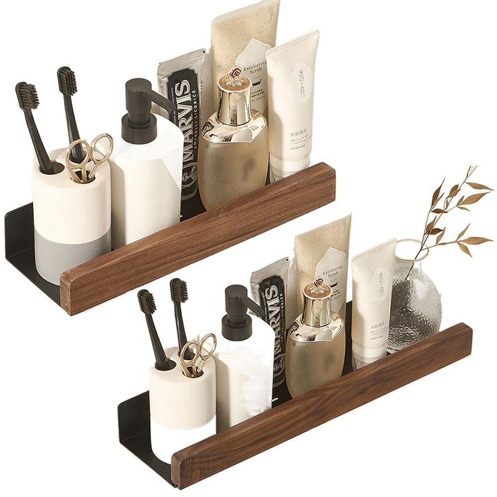 No Punch Wooden Bath Storage Rack Moisture Proof Wall-Mounted Toilet Organizer Cosmetic