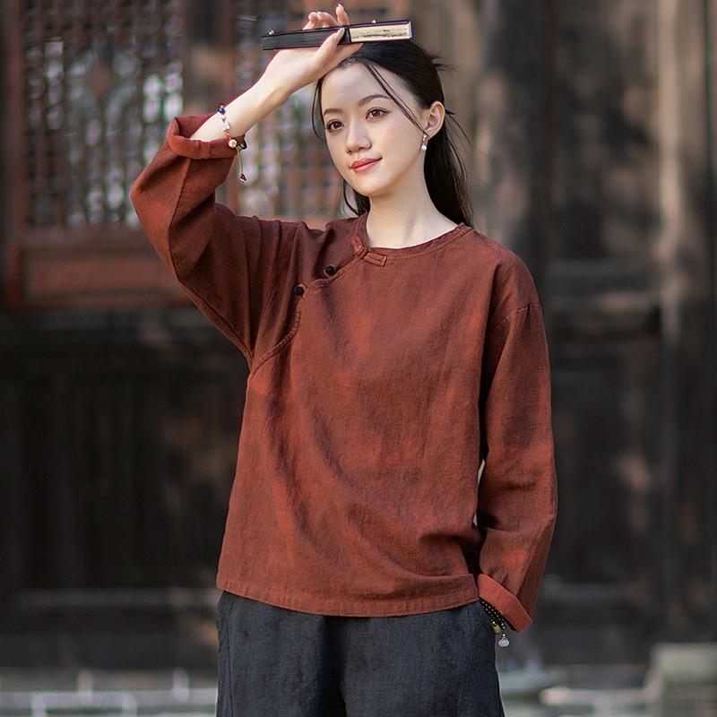 Johnature Dames Vintage T-shirts Lente Chinese Stijl Tie-dye T-shirts Ronde Hals Lange Mouw Dames T-shirts