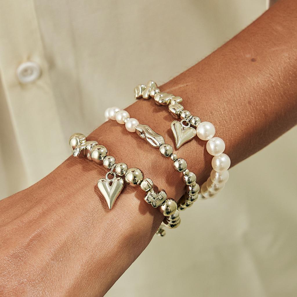 Sweet And Cool Wind Love Heart Pendant Bracelet, Irregular Design Ccb Beaded Elastic Bracelet.