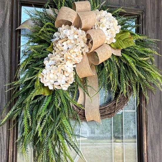 Artificial Hydrangea Wreath for Front Door 16 Inch Lifelike Floral Wreath with Burlap Bow for Door Wall Wedding Party Home Farmhouse Decoration