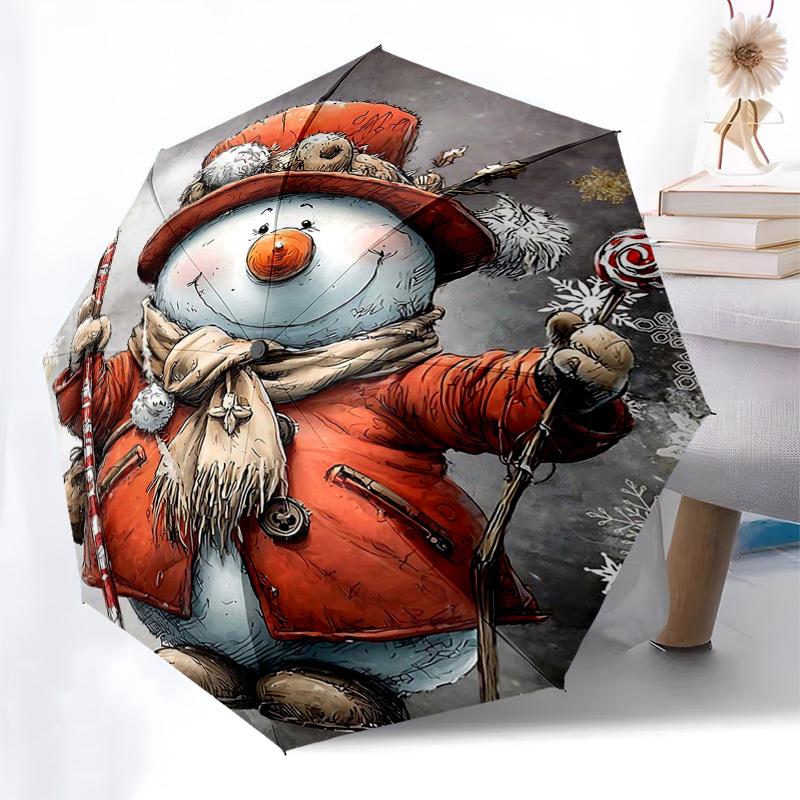 

1pc Snowman Winter Wonderland Automatic Opening Folding Umbrella with Candy Cane Handle, Perfect for Fans, Travelers, Everyday Use, Festive Gift.K036