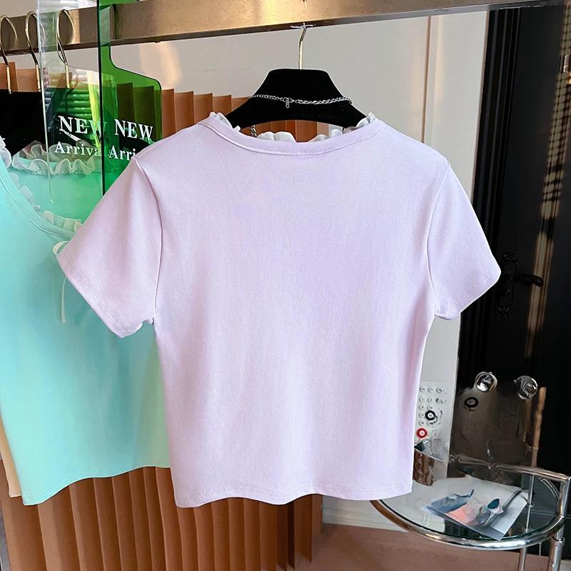 Női nyári rövid ujjú pólók koreai tiszta pamut egyszínű póló O nyakú csipke betétes crop top póló női alkalmi karcsúsított póló