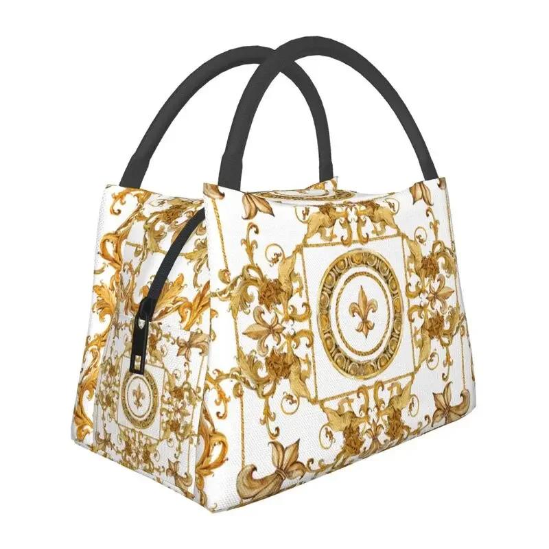 Golden Baroque Fashion Seamless Pattern Insulated Lunch Bags for Women Waterproof Cooler Thermal Bento Box Work Picnic