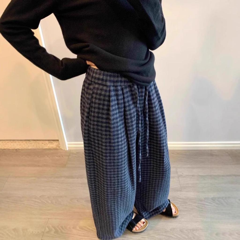 Plus Size Plaid Woolen Wide Leg Pants - Elastic Waist, Slimming, Hip Coverage, Women's Casual Straight Leg Long Pants