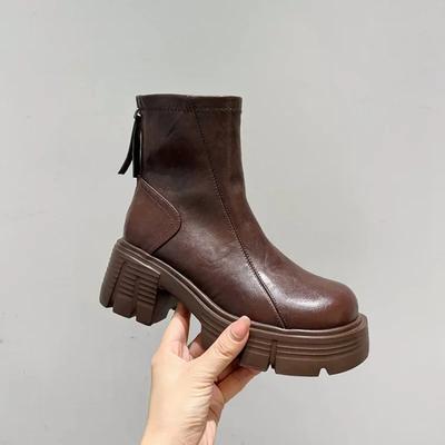 2024 Hoge Kwaliteit Dames Schoenen Enkel Dames Laarzen Beknopt Moderne Laarzen Dames Ronde Neus Middelhoge Hak Platform Rits Achter Dames Schoenen