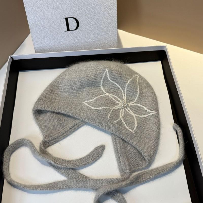 2026 Womens Rabbit Fur Knit Hat Floral Embroidery Ear Flap Tie Winter Warm Beanie