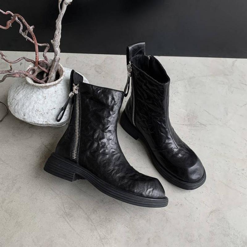 

Осенне-зимние модные ботинки с круглым носком, кожаные, большого размера, женские ботинки, боковая молния, резиновая толстая подошва, нескользящие, универсальные, из овчины, низкие ботинки 39 чёрный