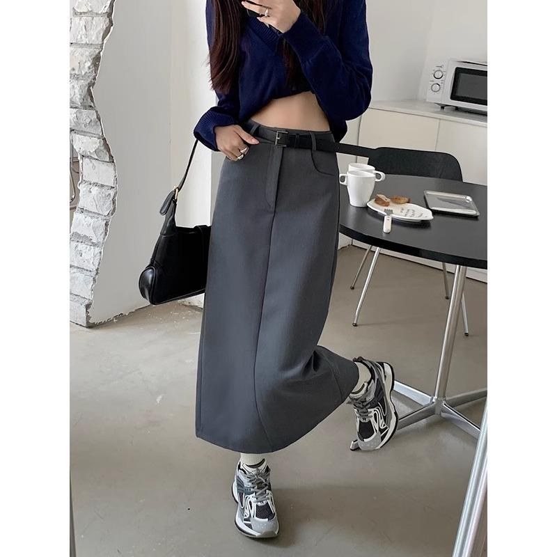 Women's Retro Gray High-Waist Slim Straight Skirt - Versatile Spring/Summer Mid-Length