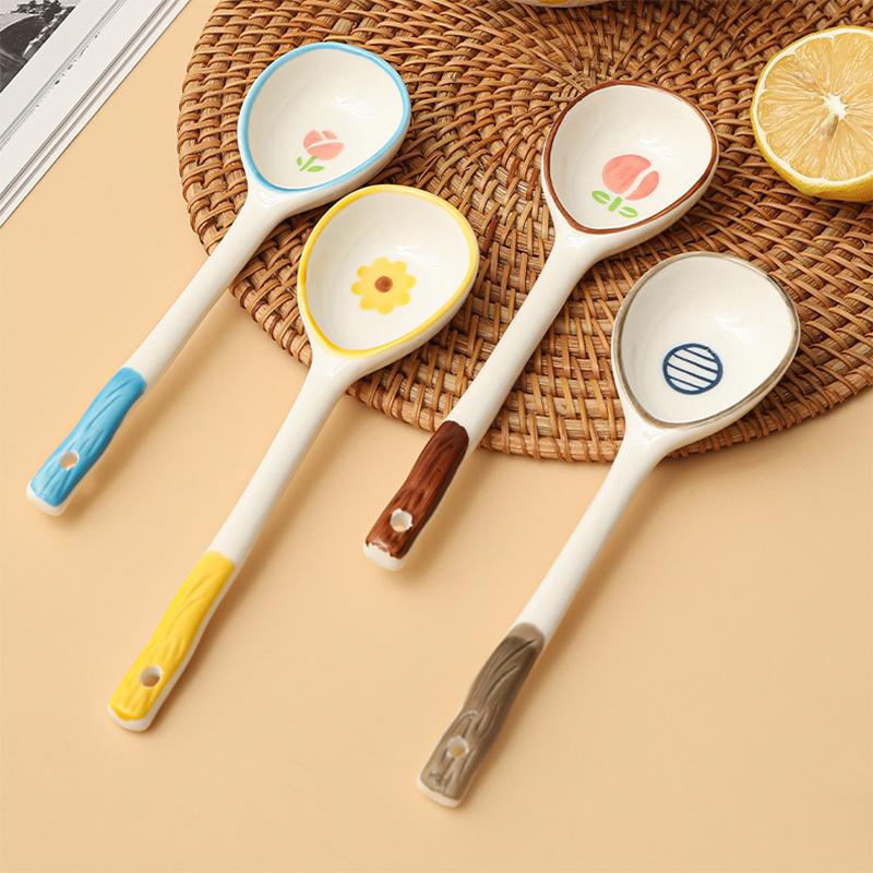 Kawaii Flower Ceramic Soup Spoon Cute Korean Ice Cream Hand Painted Coffee Dessert Long Handle Spoon Kitchen Accessories