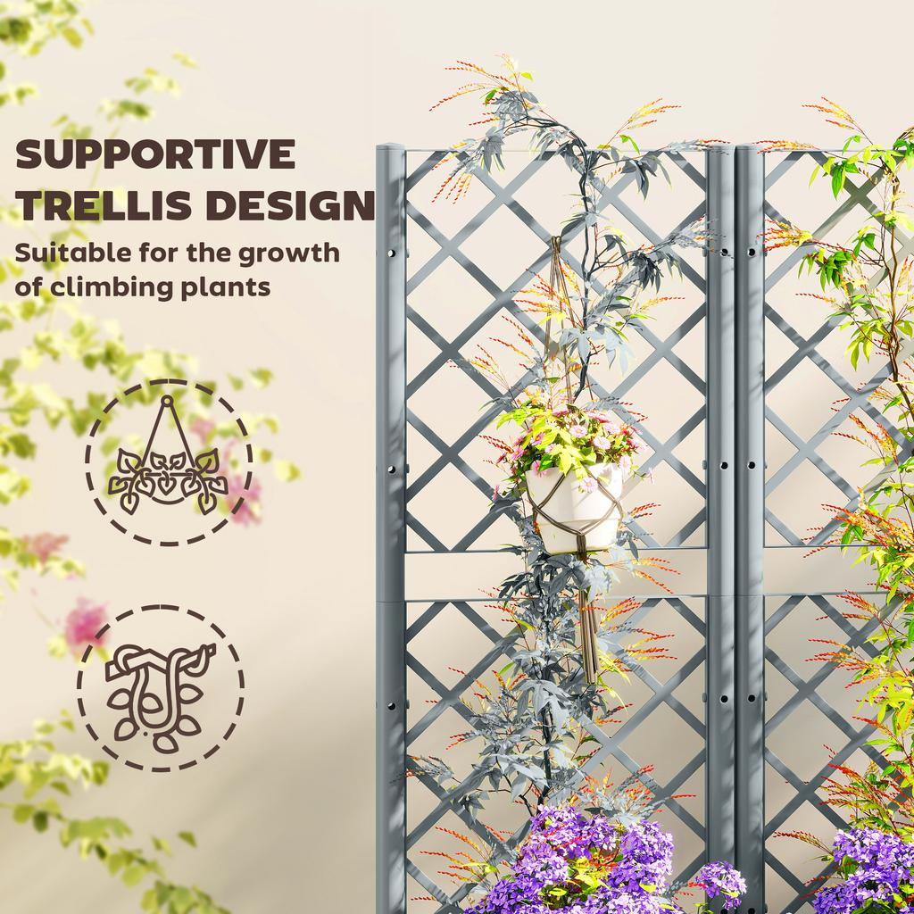 Raised Garden Bed with Trellis, Plastic Planter Box with Drainage Holes, Drain Plugs and Water Reservoirs for Climbing Plants, Vegetables, Flowers