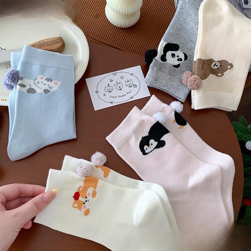Bottom Ball Cartoon Animal Socks, Cute Mid-calf Socks for Girls, Solid Color, Versatile Panda Dui Dui Cotton Socks
