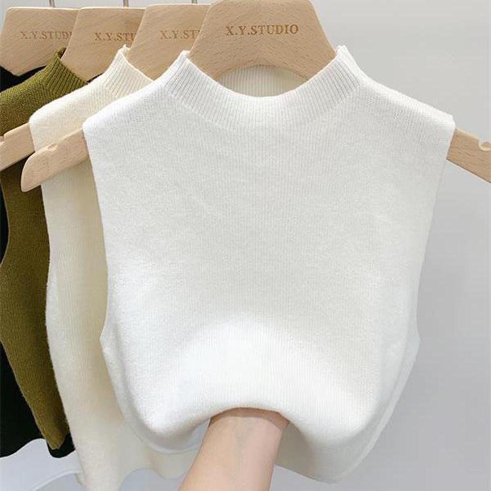Women's Vest Tank Solid Color Knitted Tees Cropped Camisole Sweater Half-turtleneck Spring Autumn Sleeveless
