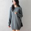 Women's Mid-Length Knitted Cotton Sweater Dress - Solid Color, Round Neck, Thick, Hip-Wrapping, Loose Fit