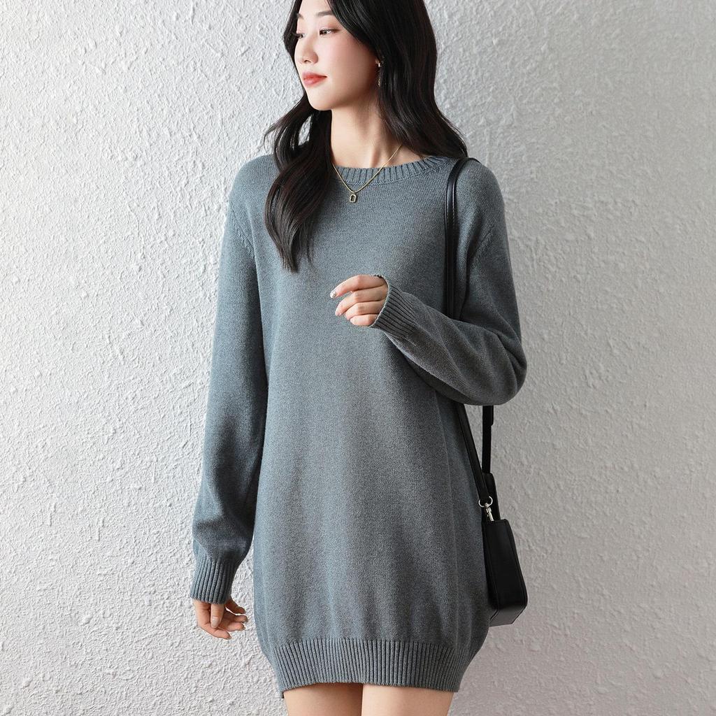Women's Mid-Length Knitted Cotton Sweater Dress - Solid Color, Round Neck, Thick, Hip-Wrapping, Loose Fit
