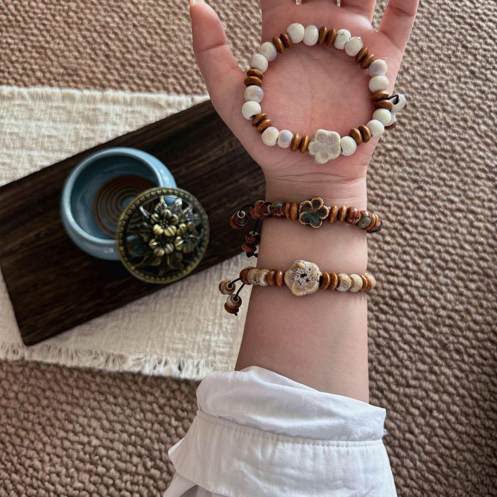 Retro Forest Style Ceramic & Wooden Bead Bracelet - New Chinese Zen Versatile Jewelry