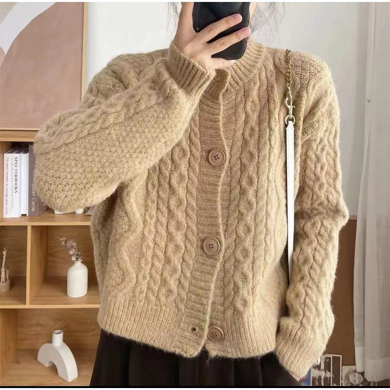 Loose Crew Neck Twist Top Women's Spring Autumn and Winter New Knitted Cardigan Jacket