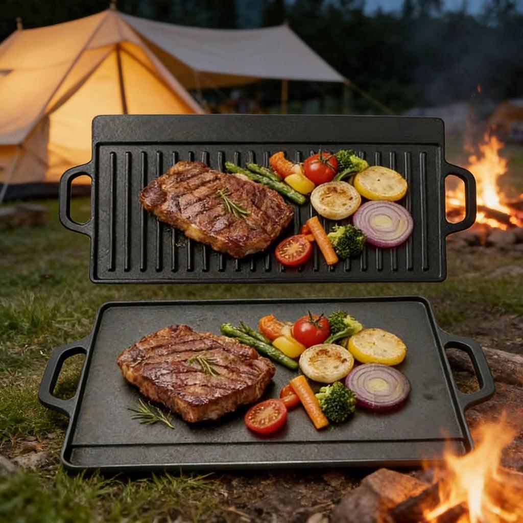 Double-Sided Cast Iron Griddle: Home & Outdoor BBQ, Thickened, Non-Coated, Induction Compatible