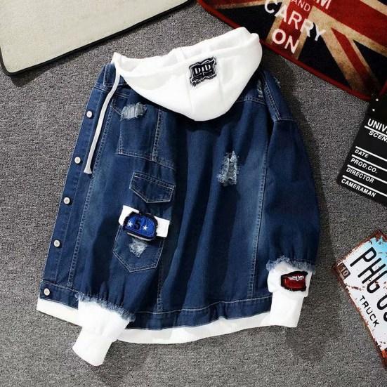 Jean Jacket Fake Two Piece Hooded Contrast Color Streetwear Spring Autumn Loose Single Breasted Outerwear Coat for Outdoor