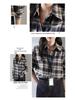 Camisa Xadrez Azul Marinho Escovado Estilo Coreano 2025 para Mulheres - Jaqueta Casual Solta de Manga Longa Outono/Inverno