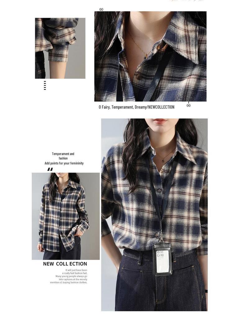Camisa Xadrez Azul Marinho Escovado Estilo Coreano 2025 para Mulheres - Jaqueta Casual Solta de Manga Longa Outono/Inverno