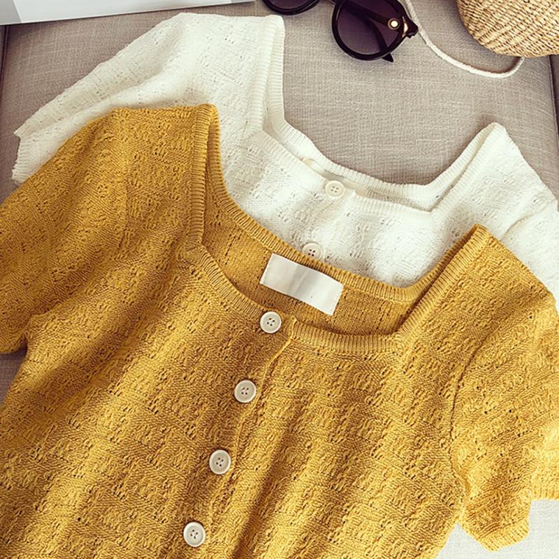 Women's Casual Square Collar Solid Short Sleeve Buttons Knitted Hollow Out T-Shirt