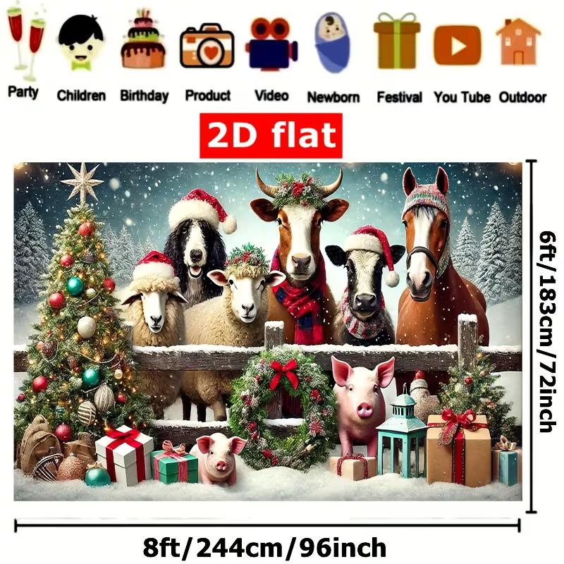 2D Winter Farm Animal Christmas Backdrop with Gifts and Snow Banner