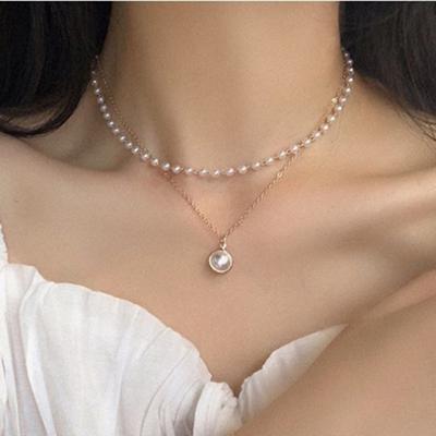 Sweet Simple Pearl Chain Fashion Collarbone Chain Neck Chain Female, Silver Gold Double Pendant Necklace
