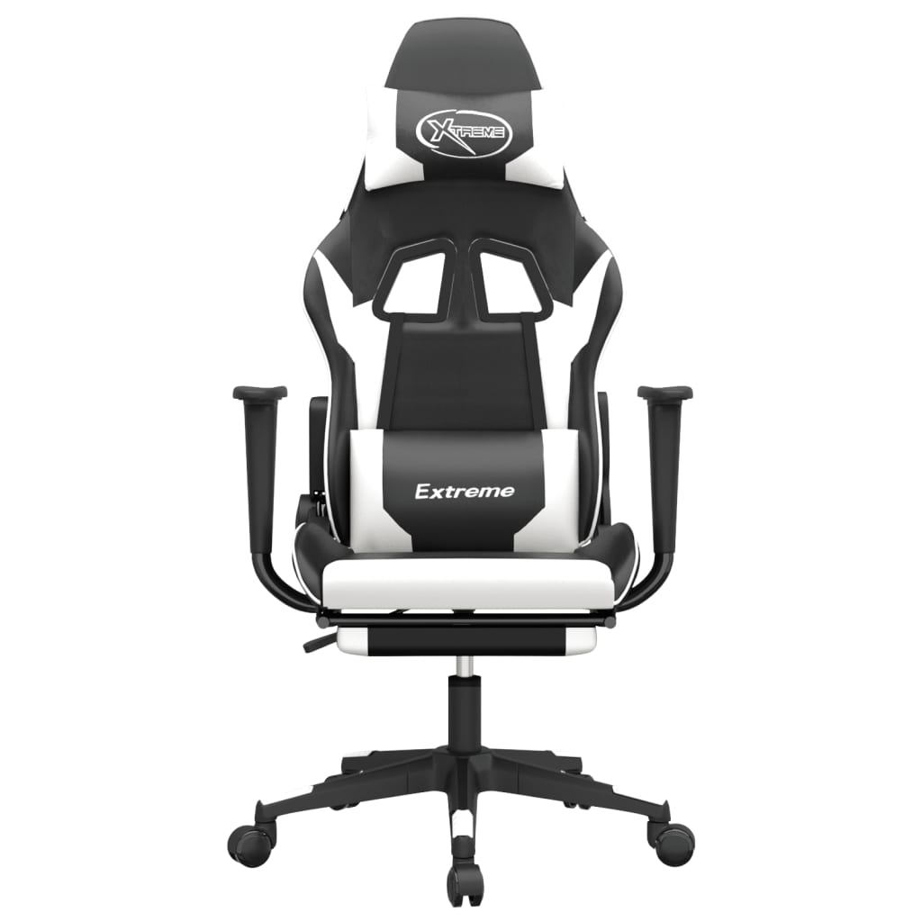 Gaming Chair with Massage Function & Footrest Black & White PU Leather