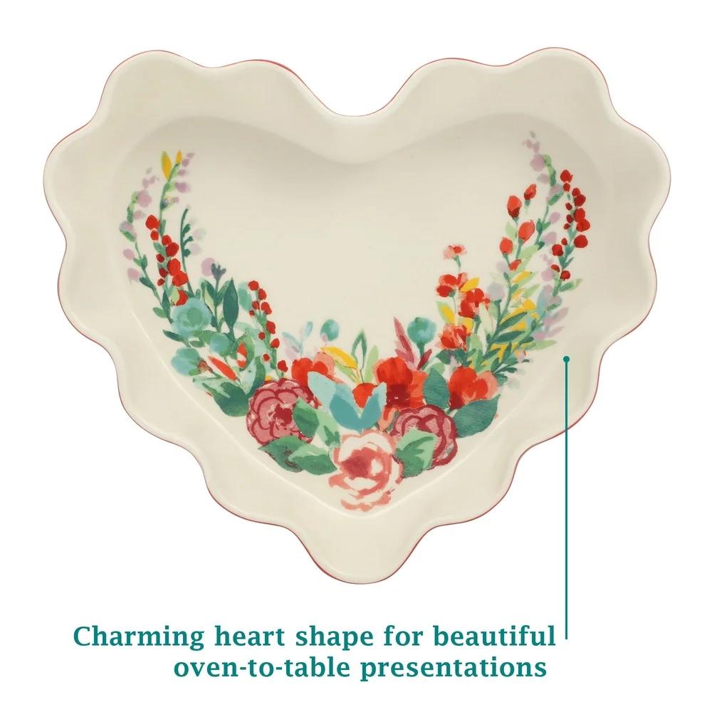 Heart Shaped Ceramic Pie Pan Stoneware Non Stick Dish Scalloped Edges Deep Dish Baker Oven to Table Dishwasher Safe Baking