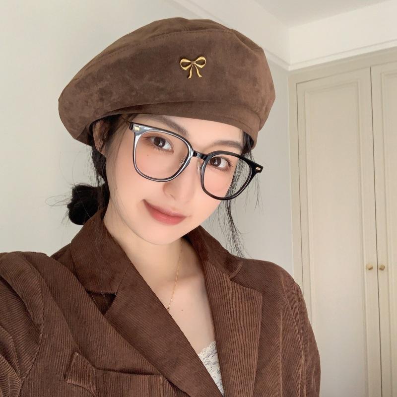Herbst-Karamellbraun~ Metall-Baskenmütze mit Schleife Damen Japanisch Retro Süß Vielseitig Mode Malerhut