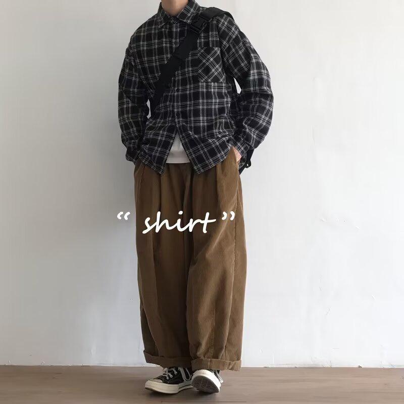 Spring Men's Retro Loose Plaid Hoodie Long Sleeve Shirt - Korean & Hong Kong Style