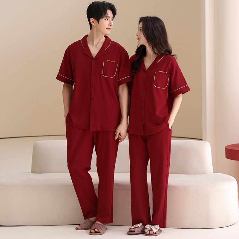 

Red Wedding Couple Pajamas: Antibacterial Lycra Cotton Short Sleeve Set for Women & Men s Home Wear, Year of the Rat Theme Women L (100-120 jin)