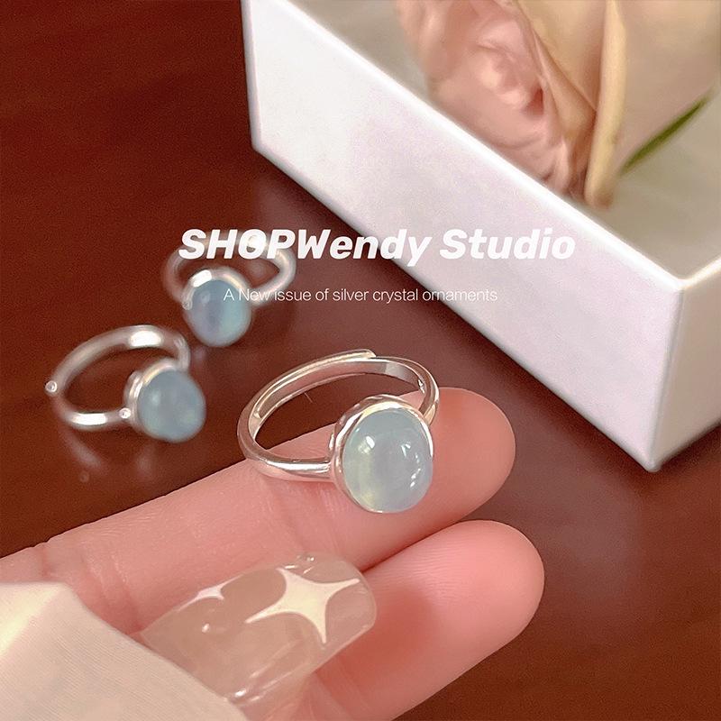 Sky Blue Oval Zircon Adjustable Ring for Women - Elegant Light Luxury Index Finger Band