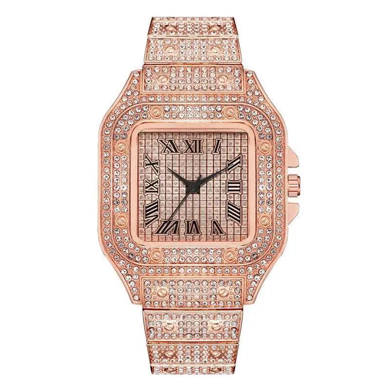

Men s Wristwatch Stylish Alloy Strap Hip Hop Rhinestone Quartz Watch рожевий колір золота