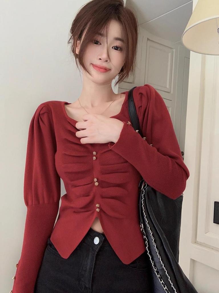 Women's High-End Chic Square Neck Ruched Knitted Sweater for Autumn/Winter