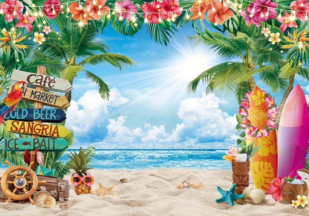 Summer Hawaiian Beach Backdrop Tropical Flowers Aloha Luau Party Birthday Decorations Photography Background Photo Studio Banner