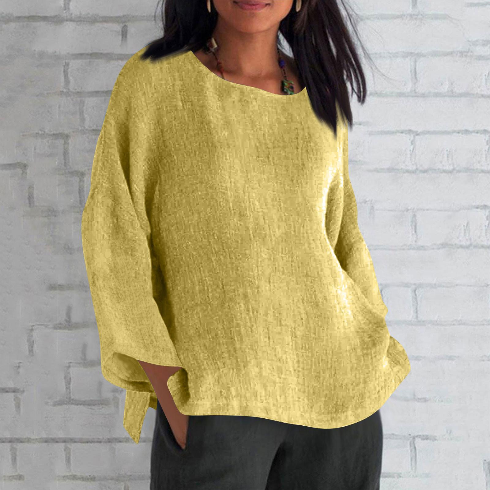 

Женская мода с длинным рукавом и круглым вырезом, однотонная свободная повседневная рубашка-топ XL жёлтый