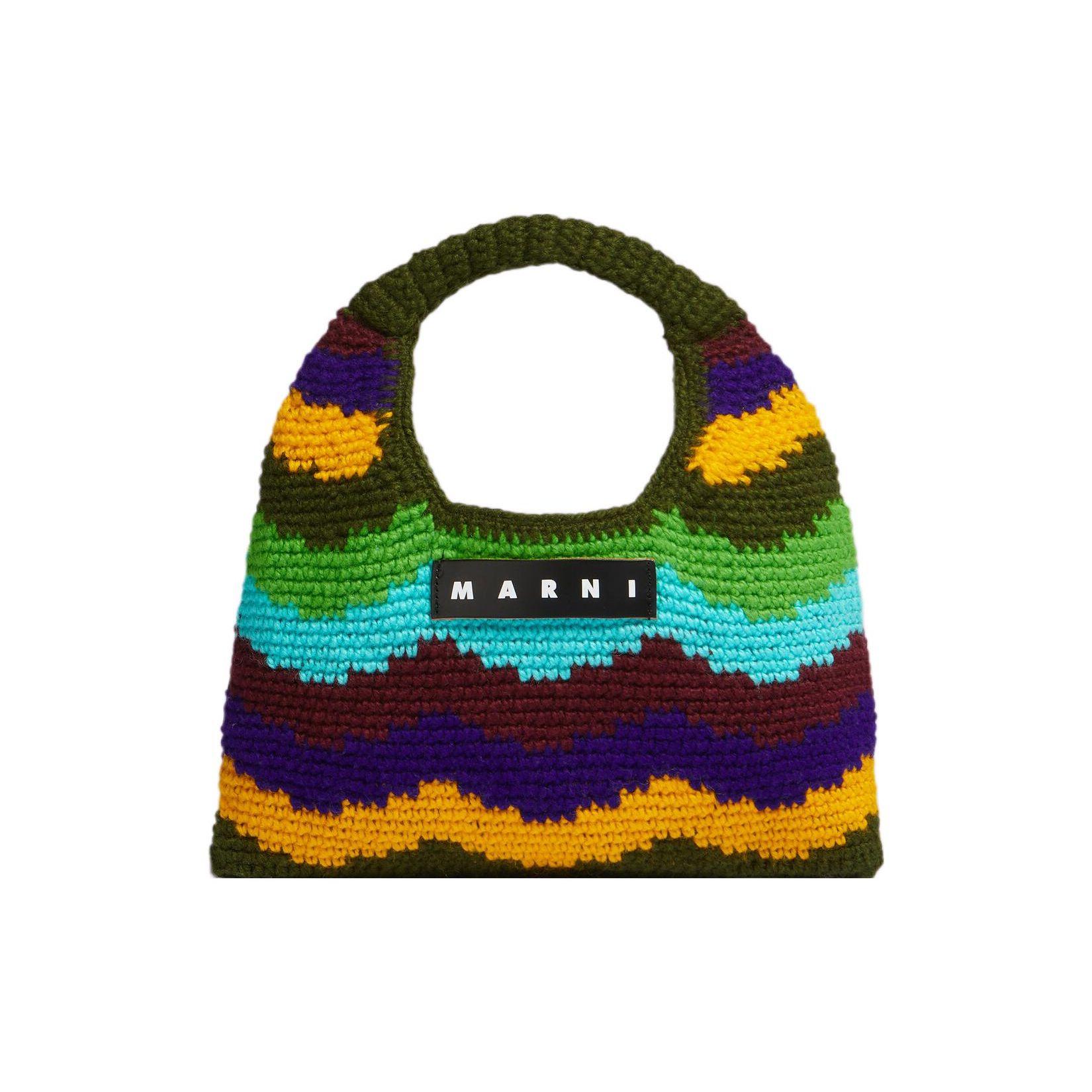 Marni Market Letter Patch Wave Design Woven Technology Acrylic Knit Mini Handbag Women handbag Green Multicolor SHMH0050A2FW305STV76 Basic Set (Bag+Dust Bag)