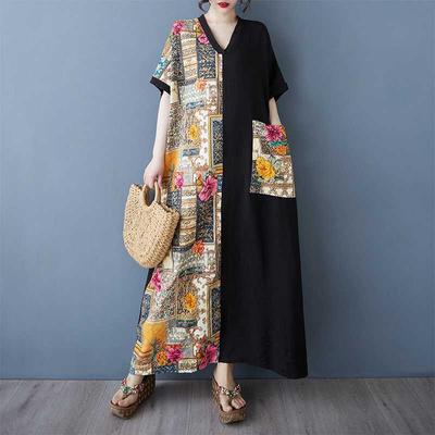 Women's Color Patchwork Black Long Dress Retro Robe