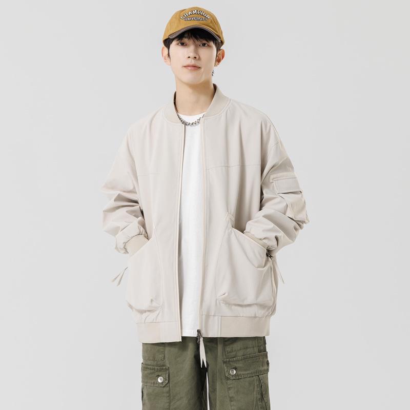 2025 Japanese Trendy Men's Retro Loose Stand Collar Bomber Jacket - Spring Casual Drop Shoulder Workwear Style.