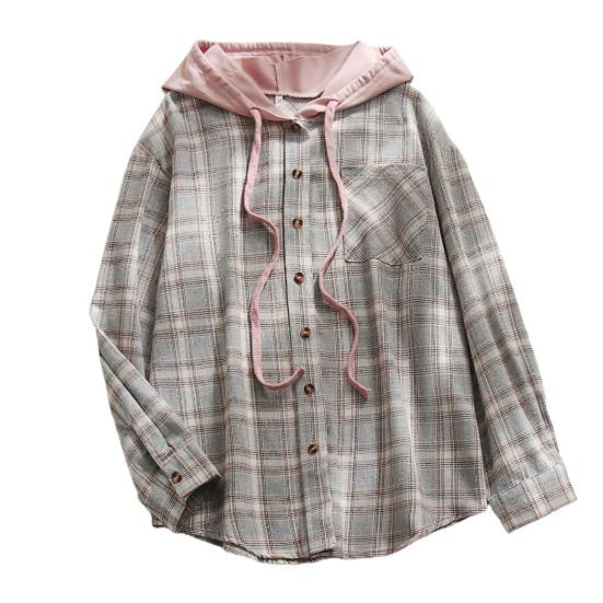 Women Coat Plaid Single-breasted Hooded Pocket Spring Shirt for Daily Wear