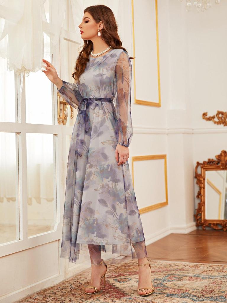2025 French Elegant Women's Mesh Print Waist-Cinching Dress