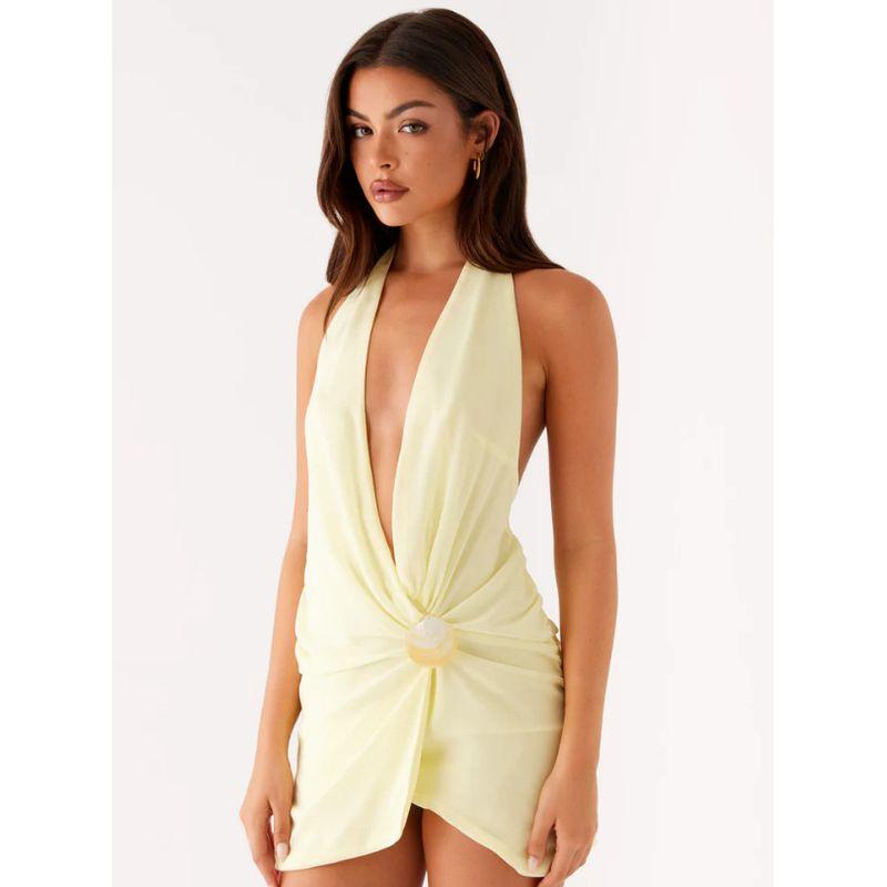 

Elsa Western Style Solid Cross Hanging Neck Dress Summer New Sexy Temperament Backless Slim fit Slimming Short dress Light yellow XL