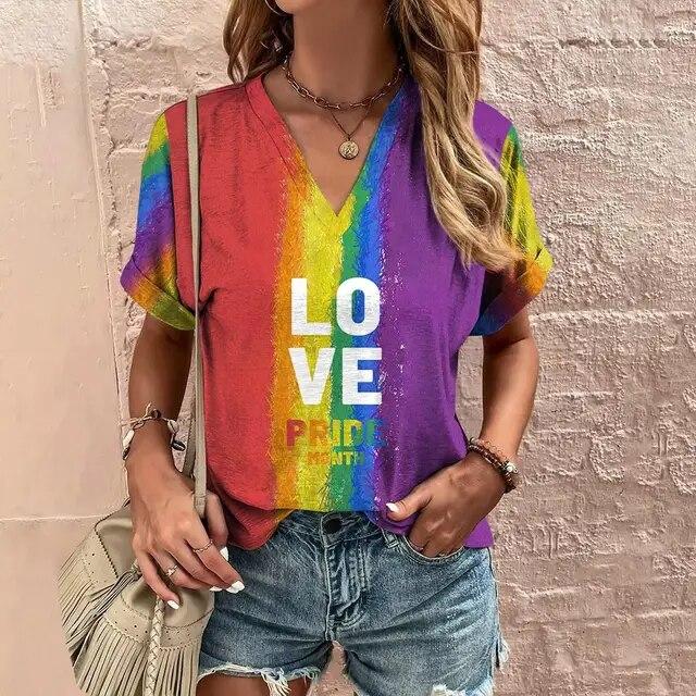 Women'S T-Shirt 3d Rainbow Color Print Tops Tees Fashion Casual V-Neck Pride Month Clothing Summer Lady Oversized Pullovers