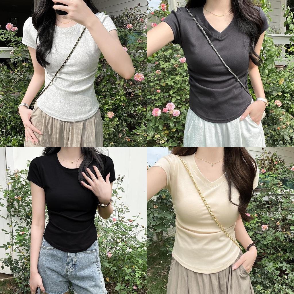 Plain Cotton Short Sleeve T Shirt With Pleated Detail For Casual Wear