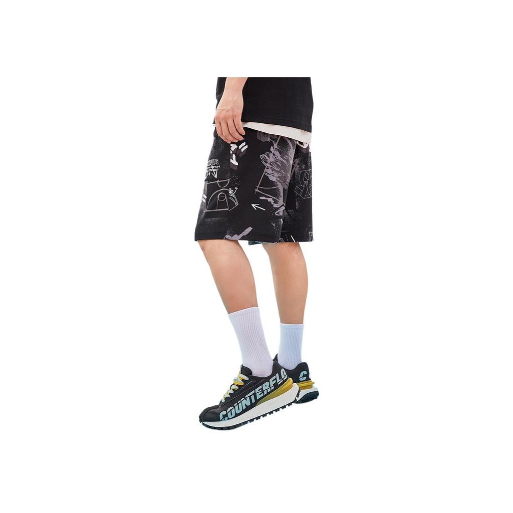 Li Ning Badfive Sports Basketball Series Theme All Over Print Loose Knit Shorts Men Shorts Black White Camouflage AKSR155-4