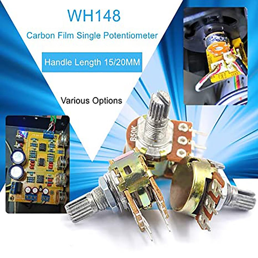 5PCS  20MM 6Pin Taper Rotary Potentiometer Carbon Film Resistors WH148 1K/2K/5K/10K/20K/50K/100K/250K/500K/1M Ohm Potentiometers
