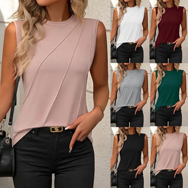 2024 Women's Sleeveless Loose Round Neck Solid Color T-Shirt